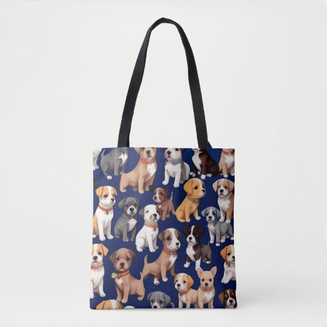 Puppy Dog Navy Blue Pattern Design Tote Bag (Front)