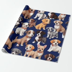 Puppy Dog Navy Blue Pattern Design Wrapping Paper