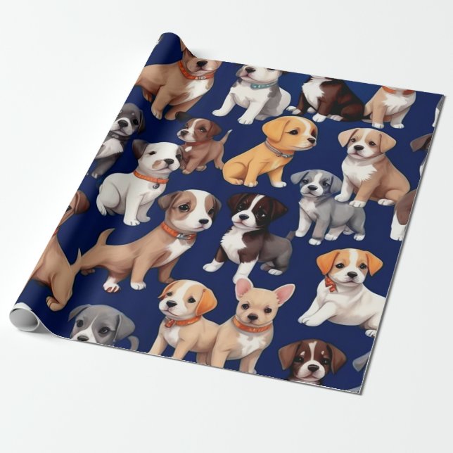 Puppy Dog Navy Blue Pattern Design Wrapping Paper (Unrolled)