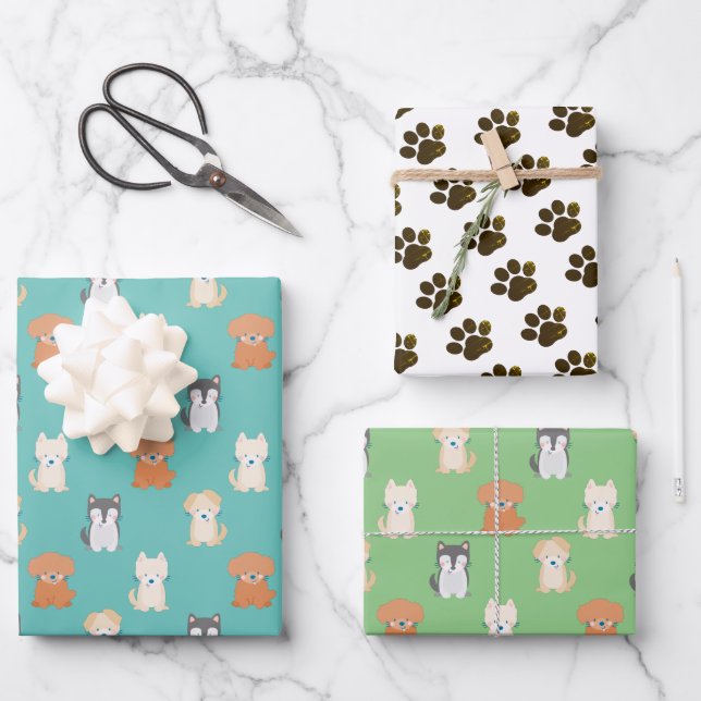 Puppy Dog Pattern Blue Wrapping Paper Sheet (Front)
