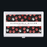 Puppy Dog Paw Print | Black Pink & White Business Card Holder<br><div class="desc">Animal themed business card holder features a stylish and whimsical puppy dog paw print pattern with blush pink, white and maroon paw prints on a black background with custom name and title or role presented on a white banner with coordinating pink and black accents and text. Professional animal themed business...</div>