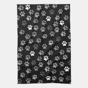 Puppy Dog Paw Print   Black White & Gray Tea Towel