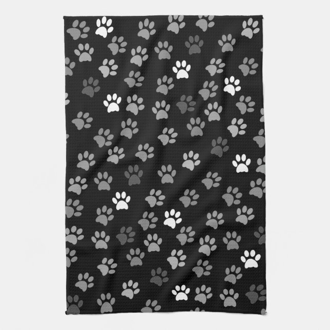 Puppy Dog Paw Print | Black White & Grey Tea Towel (Vertical)