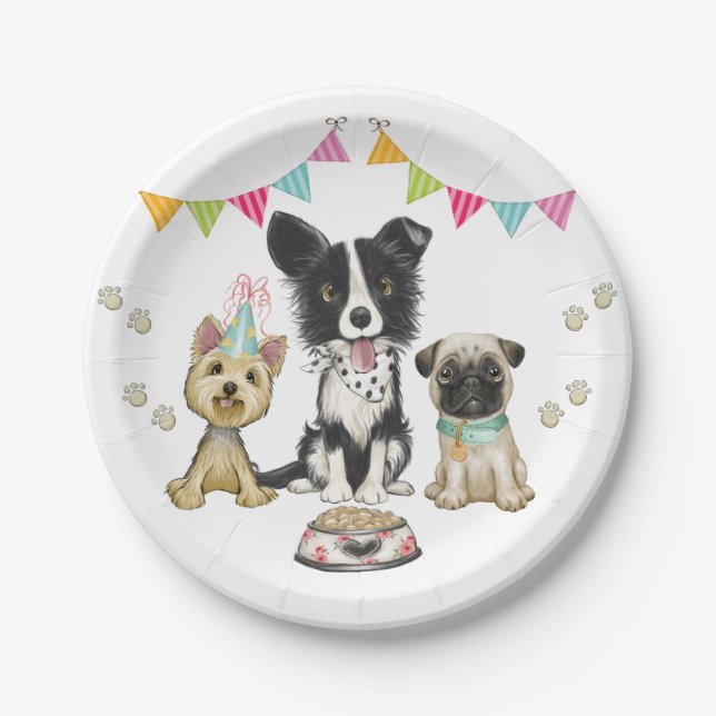 Puppy Dog Pawty Pug Border Collie Yorki Birthday Paper Plate (Front)