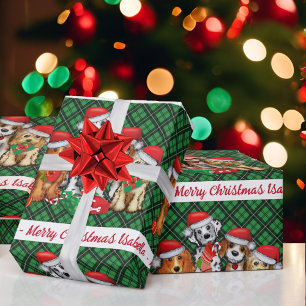 Puppy Dog Personalise Name Green Plaid Christmas Wrapping Paper
