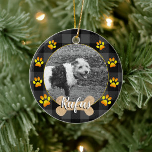 Puppy Dog photo & bone, paws, Grey buffalo Plaid Ceramic Ornament