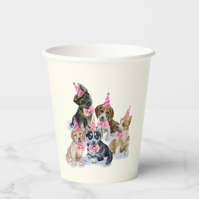 Puppy Dog 🐶 Pink First Birthday Party  Paper Cups (Front)