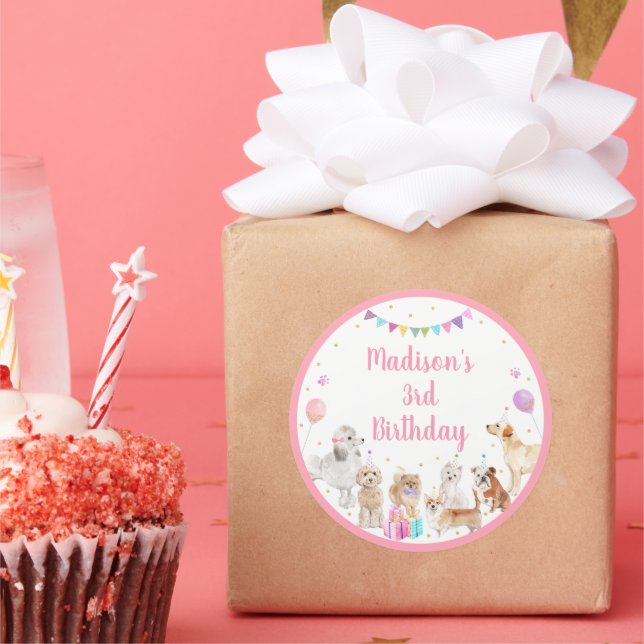 Puppy Dog Pink Girl Paw-ty Birthday Classic Round Sticker (Party)