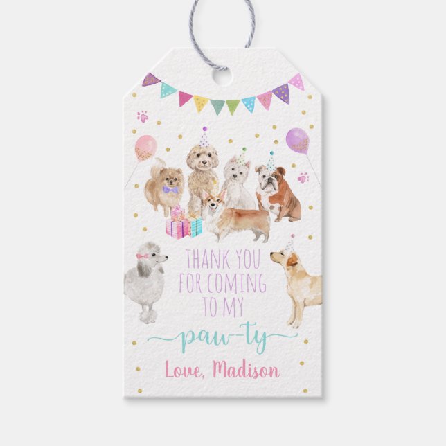 Puppy Dog Pink Girl Paw-ty Birthday Gift Tags (Front)
