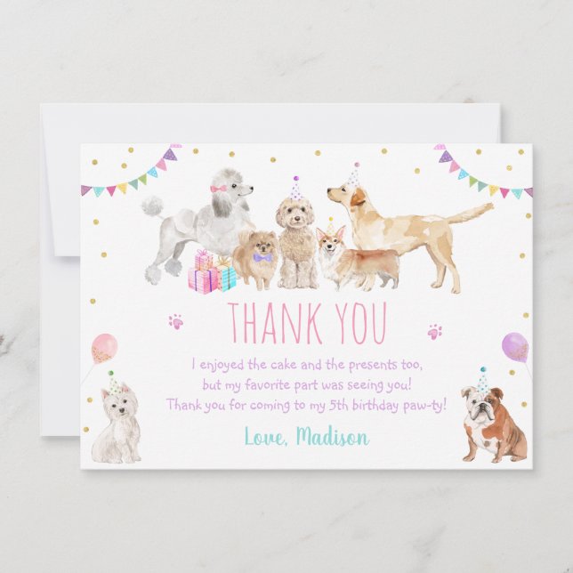 Puppy Dog Pink Girl Paw-ty Birthday Thank You Card (Front)