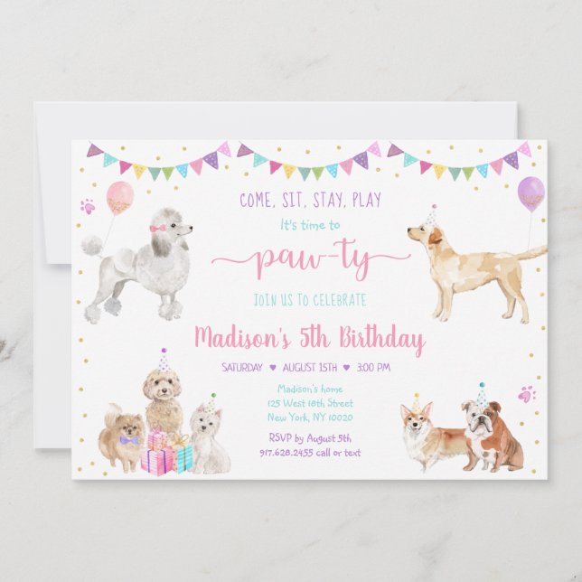 Puppy Dog Pink Gold Girl Birthday Invitation (Front)