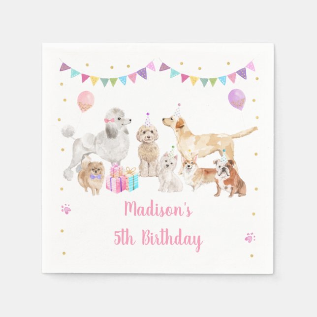 Puppy Dog Pink Gold Paw-ty Girl Birthday  Napkin (Front)