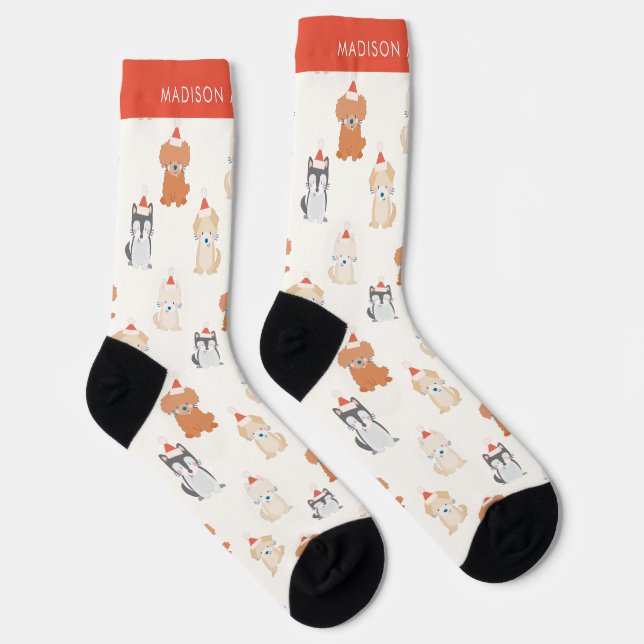 Puppy Dog Santa Pattern Cream Socks (Right)