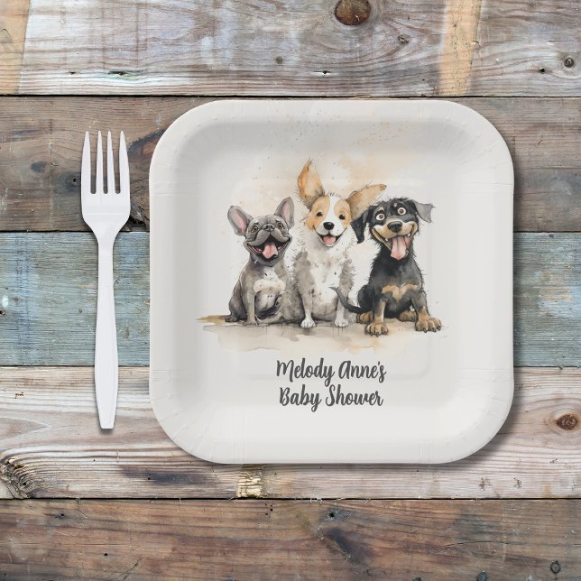 Puppy Dog Tails Baby Boy Baby Shower Paper Plate (Puppy Dog Tails Baby Shower for Boys with Watercolor Puppies, Mom's Name, Date)