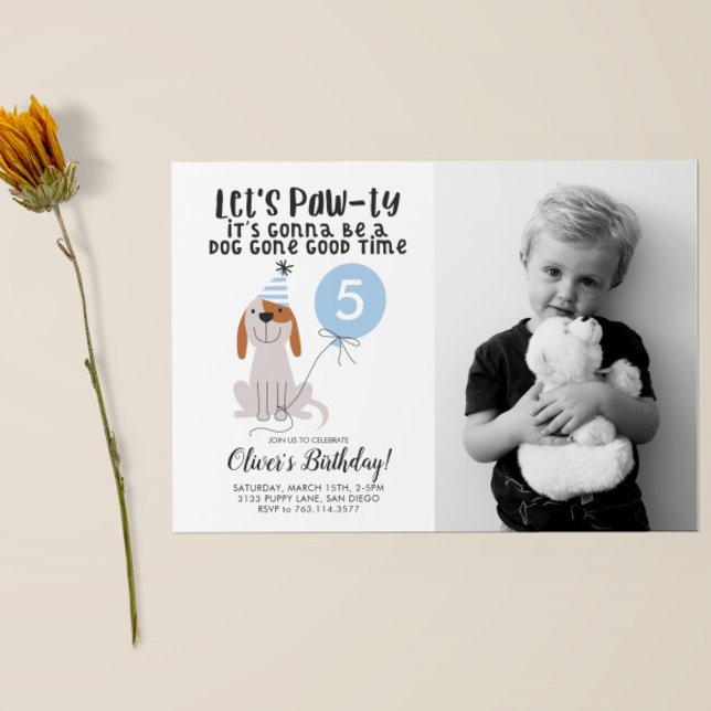 Puppy Dog Theme Birthday Party Blue Photo Invitation (Creator Uploaded)