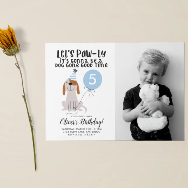 Puppy Dog Theme Birthday Party Blue Photo Invitation | Zazzle