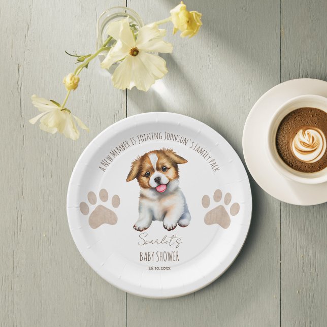 Puppy dog themed baby shower table decor paper plate (Puppy dog themed baby shower personalized table decor monogrammed paper plates cute puppy plates)
