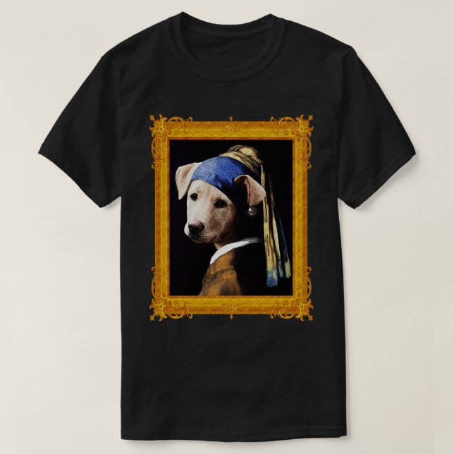 Puppy Dog with a Pearl Earring Vermeer Parody Fram T-Shirt (Design Front)