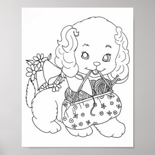 Puppy Dog with crochet needle yarn colouring page Poster