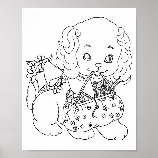 Puppy Dog with crochet needle yarn colouring page Poster (Front)