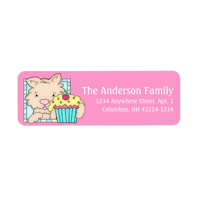 Puppy Dog with Cupcake Birthday Address Labels d4 (Front)