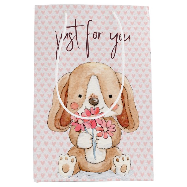 Puppy Dog with Flowers On Pink Hearts Medium Gift Bag (Front)