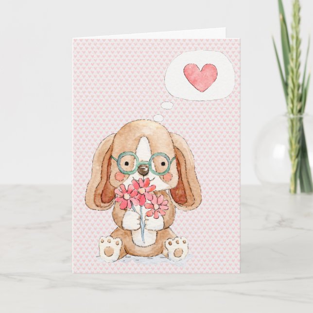 Puppy Dog with Flowers Thinking of You  Card (Front)