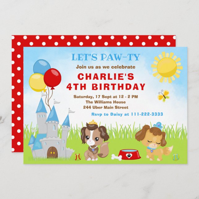 Puppy Dogs Castle Blue Birthday Party Invitation (Front/Back)