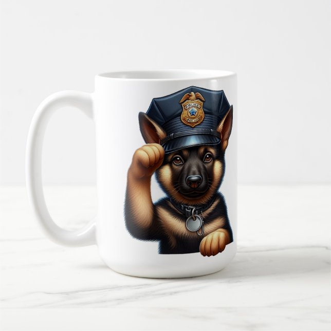 Puppy Dressed as Police Officer with Cap and Badge Coffee Mug (Left)