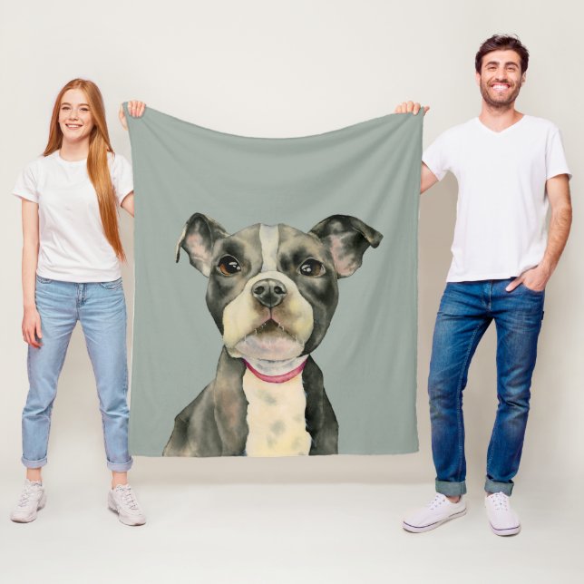 "Puppy Eyes" Pit Bull Dog Watercolor Painting Fleece Blanket (In Situ)