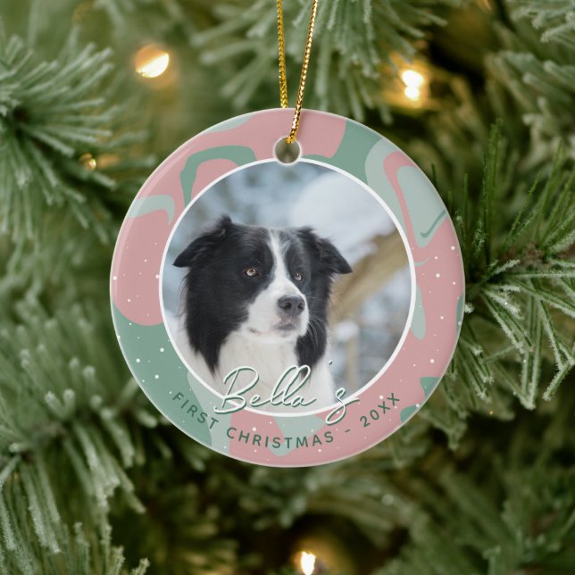 Puppy First Christmas Border Collie Dog Photo  Ceramic Ornament (Tree)