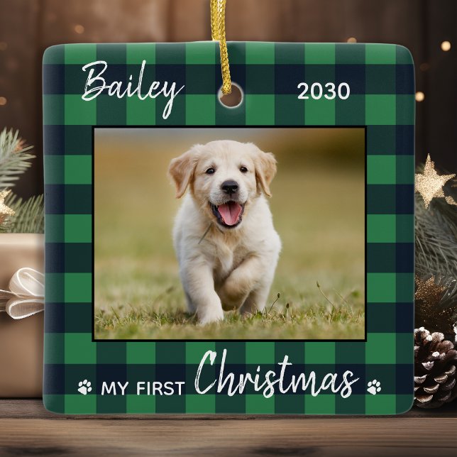Puppy First Christmas Green Plaid Dog Pet Photo Ceramic Ornament (Creator Uploaded)