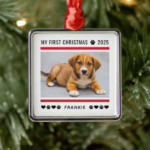 Puppy First Christmas Red Custom Photo Metal Ornament