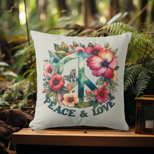 Puppy & Floral 70s Retro "Peace & Love" Peace Sign Cushion