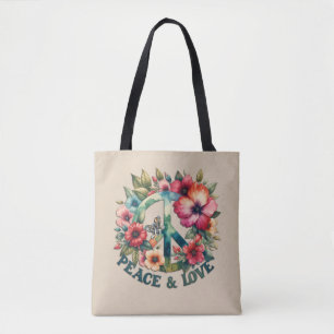 Puppy & Floral 70s Retro "Peace & Love" Peace Sign Tote Bag
