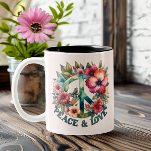 Puppy & Floral 70s Retro "Peace & Love" Peace Sign Two-Tone Coffee Mug