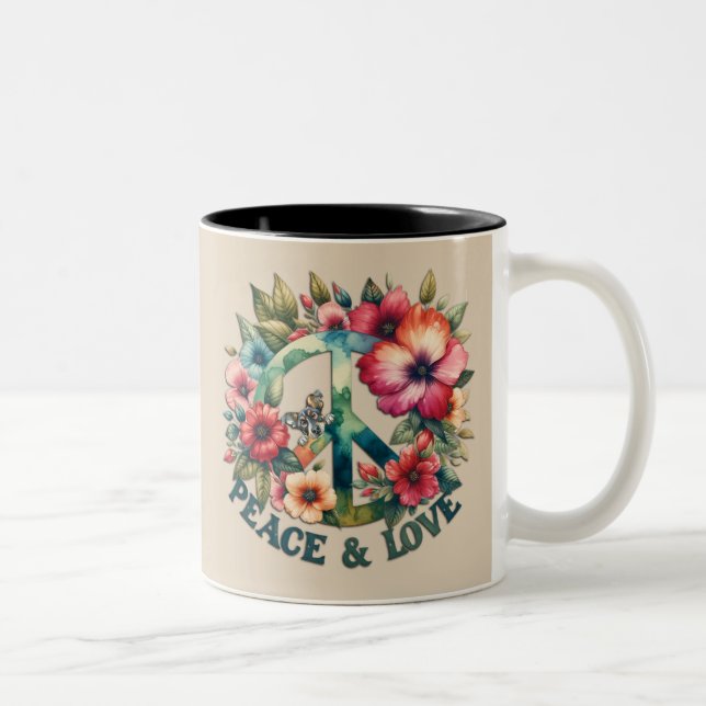 Puppy & Floral 70s Retro "Peace & Love" Peace Sign Two-Tone Coffee Mug (Right)