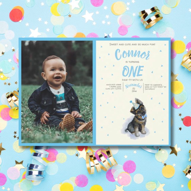 Puppy 🐶 German Shepherd First Birthday Photo  Invitation (Puppy 🐶 German Shepherd First Birthday Photo Invitation)