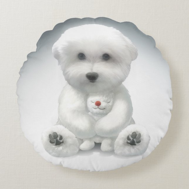 Puppy Hugging His Toy Round Cushion (Front)