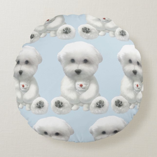 Puppy Hugging His Toy Round Cushion (Front)