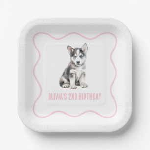 Puppy husky preppy pink plaid birthday paper plate