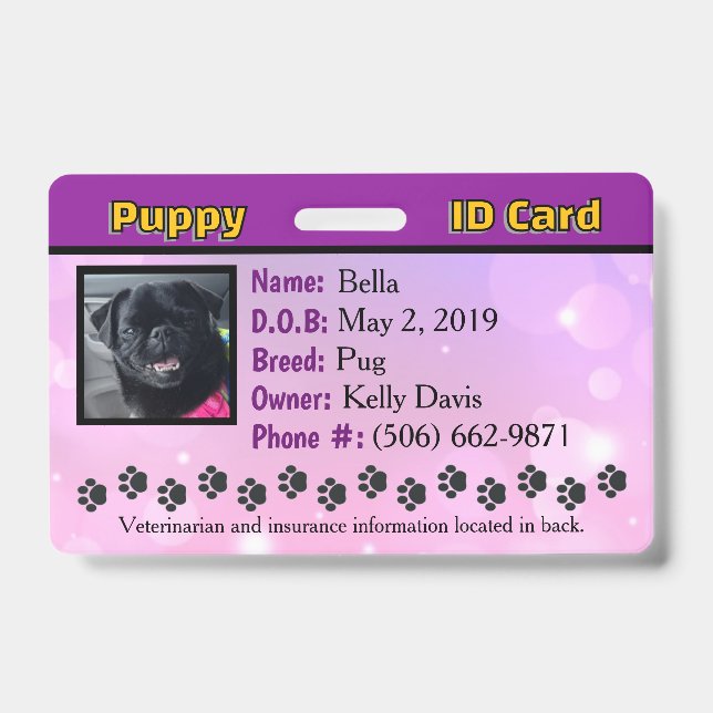 Puppy ID card Badge - purple (Front)