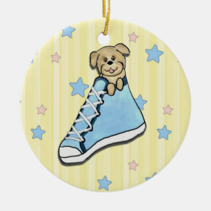 Puppy in a Blue Shoe Ornament
