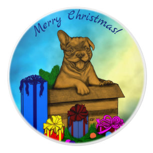 Puppy in A Box , Merry Xmas Ceramic Knob
