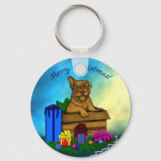 Puppy in A Box , Merry Xmas Key Ring (Front)