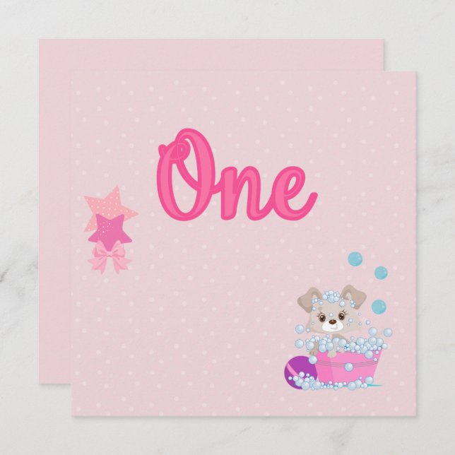 Puppy in Bath One Year Old Girl Birthday Invitation (Front/Back)