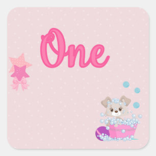 Puppy in Bath One Year Old Girl Birthday Square Sticker