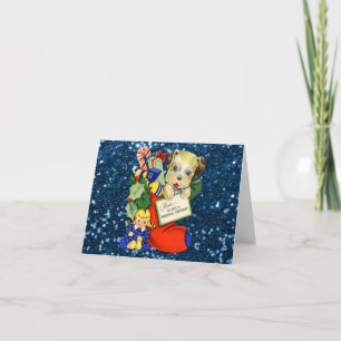 Puppy in Christmas Stocking Blue Faux Glitter Holiday Card