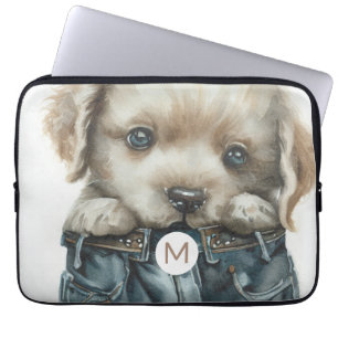 Puppy in Jeans Art Monogram Laptop Sleeve 