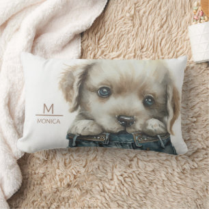 Puppy in Jeans Art Monogram Throw Pillow